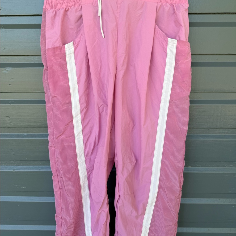 Free People Pink CHAMP IS HERE exercise Pants with White Stripes
